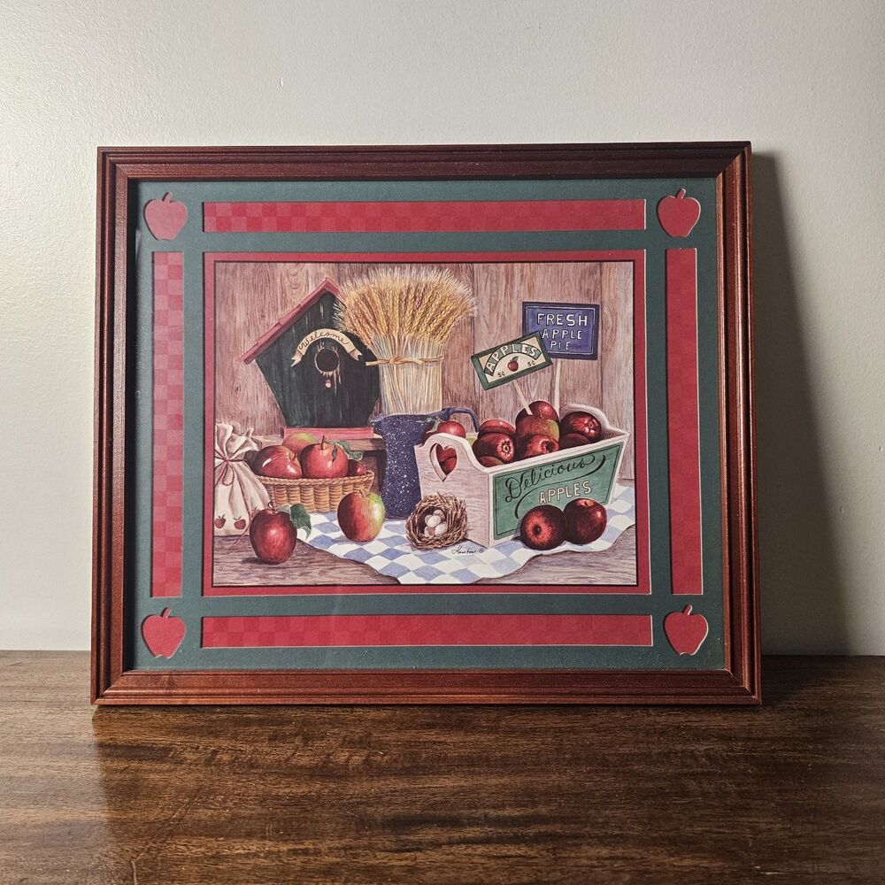 Framed “Country Apples” Rustic Farmhouse Wall Art Print Wood Frame Cottage Decor